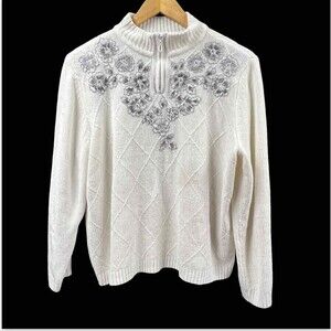 Alfred Dunner Sweater Women Medium 1/4 Zip Embroidered Diamond Knit‎ Cottagecore